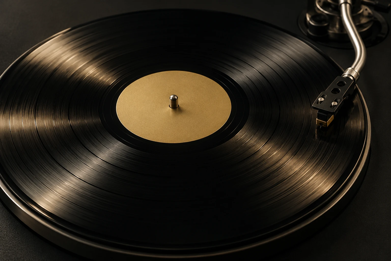 Black vinyl record with a gold centre label and a silver tonearm